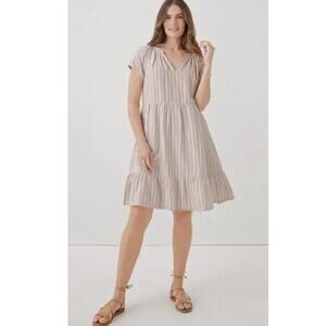 Pact Sz M Coastal Gauze Dress Tan Cotton Pockets Comfy Vacation Beach Breezy NWT